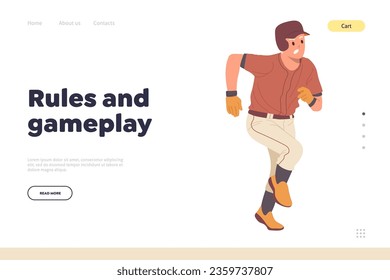Baseball player running design on landing page template offering rules and game play information
