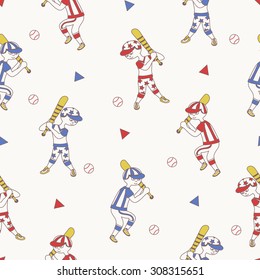 Baseball player seamless pattern in vintage colors. Vector cartoon illustration 