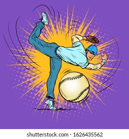 Baseball player serves ball. Pop art retro vector illustration 50s 60s style