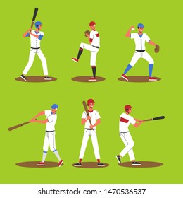 Baseball player set. Collection of professional player in the sportswear holding bat. Pitcher and catcher. Sport team. Flat vector illustration