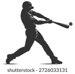 Baseball player silhouette, batter hitting ball with bat in powerful action pose, sport vector illustration on transparent background