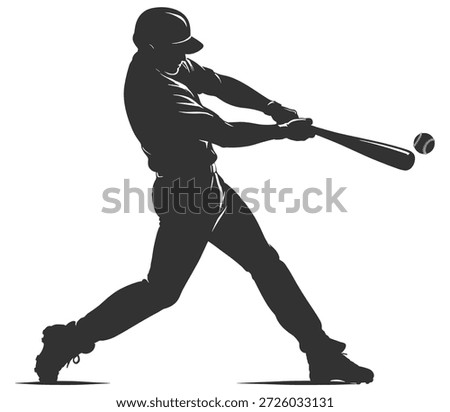 Baseball player silhouette, batter hitting ball with bat in powerful action pose, sport vector illustration on transparent background