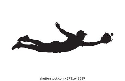 Baseball player silhouette diving to catch a ball with a glove on white background