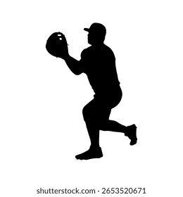Baseball player silhouette icon vector flat illustration on white background.