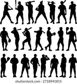 Conjunto de silueta de jugador de béisbol. Contiene bateadores que se balancean, lanzadores, catchers y jugadores que esperan en la base.