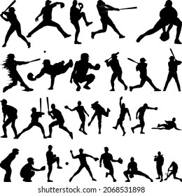 Baseball Player Silhouette Set Vector, Softball Silhouette Collection