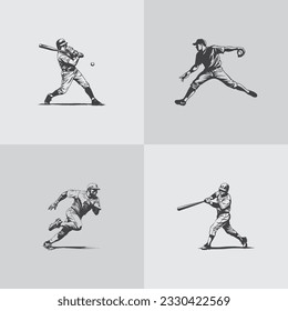 baseball player silhouette softball sports game vector set design