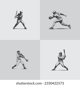 baseball player silhouette softball sports game vector set design