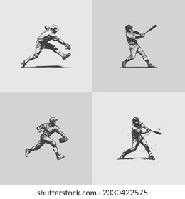 baseball player silhouette softball sports game vector set design