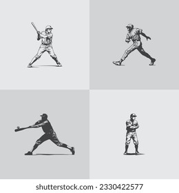 baseball player silhouette softball sports game vector set design