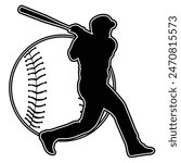 Baseball player silhouettes and ball illustration.  Black and white baseball team or club design	