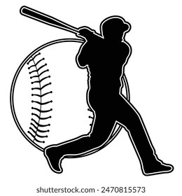 Siluetas de jugador de béisbol e ilustración de pelota.  Equipo de béisbol blanco y negro o diseño de club	