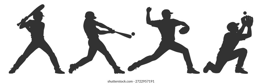 Conjunto de siluetas de jugador de béisbol, lanzador de bateo y receptor en poses de acción, colección de Ilustración vectorial deportiva sobre fondo transparente