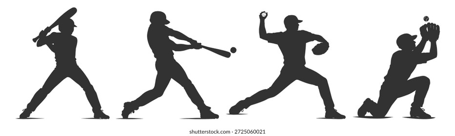 Conjunto de siluetas de jugador de béisbol, lanzador de bateo y receptor en poses de acción, colección de Ilustración vectorial deportiva sobre fondo transparente