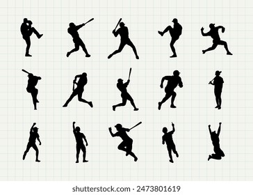 Siluetas de jugador de béisbol ambientadas en diferentes poses. Iconos de béisbol Vector.