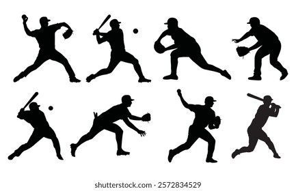 Baseball Player Silhouettes Set in Different Actions - Vector Illustration of Batting, Pitching, Catching, and Fielding Poses for Softball Design Projects