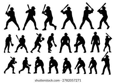 Baseball player silhouettes in various batting, fielding, and pitching stances sport