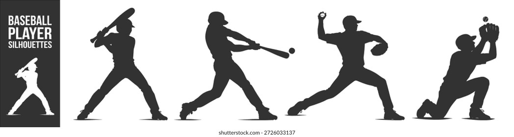 Conjunto de íconos de Vector de siluetas de jugador de béisbol, atletas que batean lanzando y atrapando pelota, colección dinámica de acción deportiva sobre fondo transparente
