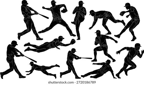 Ilustración vectorial de siluetas de jugador de béisbol, poses de acción deportiva, figuras negras sobre fondo blanco, diseño de movimiento atlético, Clipart editable, pitcheo de bateo, correr deslizando el campo, Gráficos para video del juego