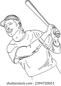 Esbozo del jugador de béisbol: Ilustración vectorial del atleta con murciélago, dibujos animados: Jugador de béisbol en Silhouette Pose, Silhouette detallada: Manos sosteniendo la bata de béisbol en el dibujo de esbozo