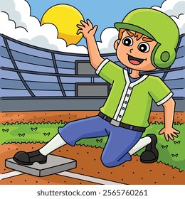 Baseball Player Sliding Colored Cartoon 