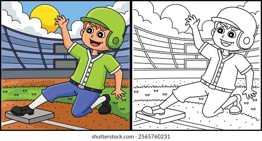 Baseball Player Sliding Coloring Page Illustration