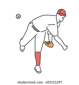 Baseball player and softball player, line drawing. hand drawn. vector illustration.
