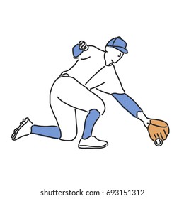 Baseball player and softball player, line drawing. hand drawn. vector illustration.