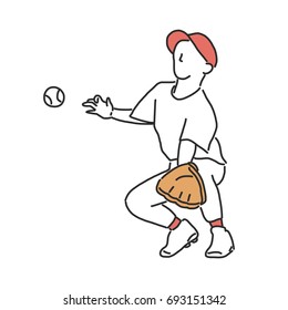 Baseball player and softball player, line drawing. hand drawn. vector illustration.