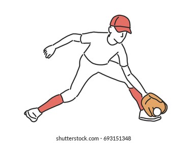 Baseball player and softball player, line drawing. hand drawn. vector illustration.