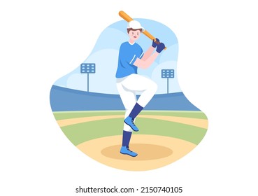 Baseball Player Sports Throwing, Catching or Hitting a Ball with Bats and Gloves Wearing Uniform on Court Stadium in Flat Cartoon Illustration