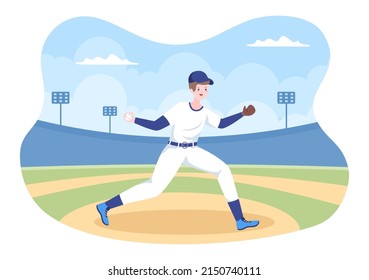 Baseball Player Sports Throwing, Catching or Hitting a Ball with Bats and Gloves Wearing Uniform on Court Stadium in Flat Cartoon Illustration