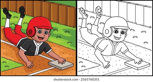 Baseball Player Stealing Base Colored Illustration