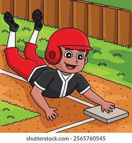 Baseball Player Stealing Base Colored Cartoon 