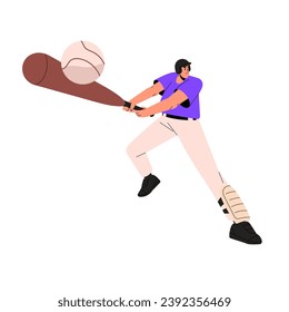 Baseball player strike, hit ball by bat. Sportsman in helmet, safety uniform play in team field game. Professional batter, hitter on match, sport training. Flat isolated vector illustration on white