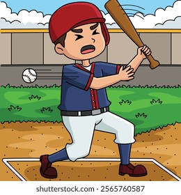 Baseball Player Strike Out Colored Cartoon 