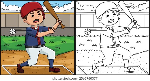 Baseball Player Strike Out Coloring Illustration