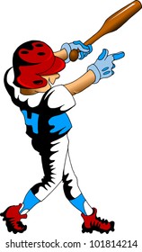 Baseball player strikes the ball with a stick;