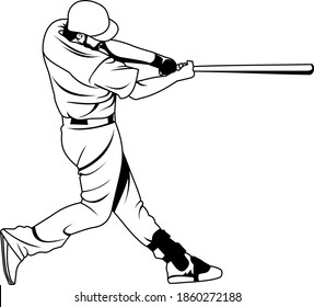 Baseball player swing a bat to a ball vector cartoon line art outline illustration