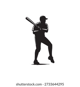 Bate de balanceo del jugador de béisbol, pose activa, gorra de béisbol, deportes, atleta masculino, silueta.
