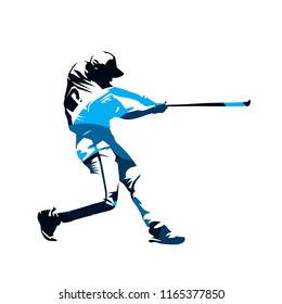 Baseball player swinging with bat, blue abstract isolated vector silhouette