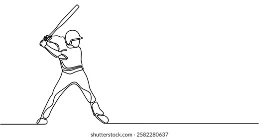 Baseball player swinging a bat in continuous line drawing. Representation of focus, strength, and determination in the sport. Vector illustration hand drawn.