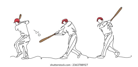 Baseball player swinging the bat in a hit. Main motions. Vector sketch. One continuous line art drawing of baseball hit.