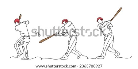 Baseball player swinging the bat in a hit. Main motions. Vector sketch. One continuous line art drawing of baseball hit.