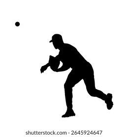 Baseball player thows ball, pitcher logo. Isolated vector silhouette