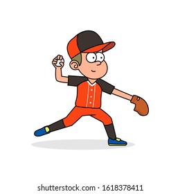 Baseball player throw ball, vector retro cartoon sport illustration