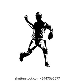 Baseball player throwing ball, isolated vector silhouette, front view