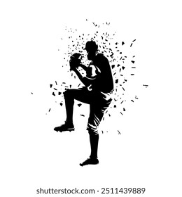 Baseball player throwing ball, isolated vector silhouette, front view