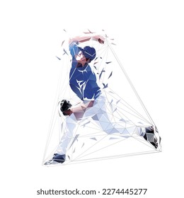 Baseball player throwing ball, low poly isolated vector illustration, geometric drawing from triangles. Side view. Team sport athlete