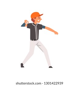 Baseball Player Throwing Ball, Softball Athlete Character in Uniform Vector Illustration